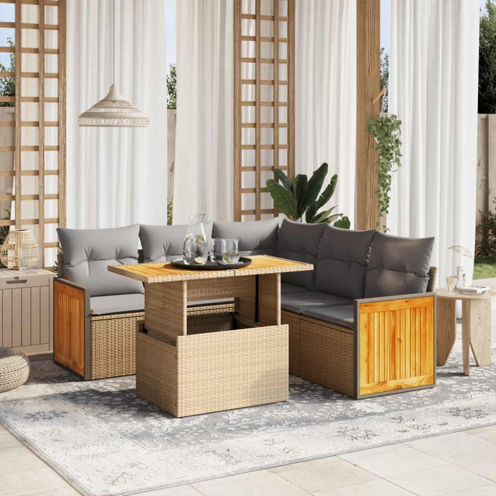Produktbild för Soffgrupp för trädgården med dynor 6 delar beige konstrotting