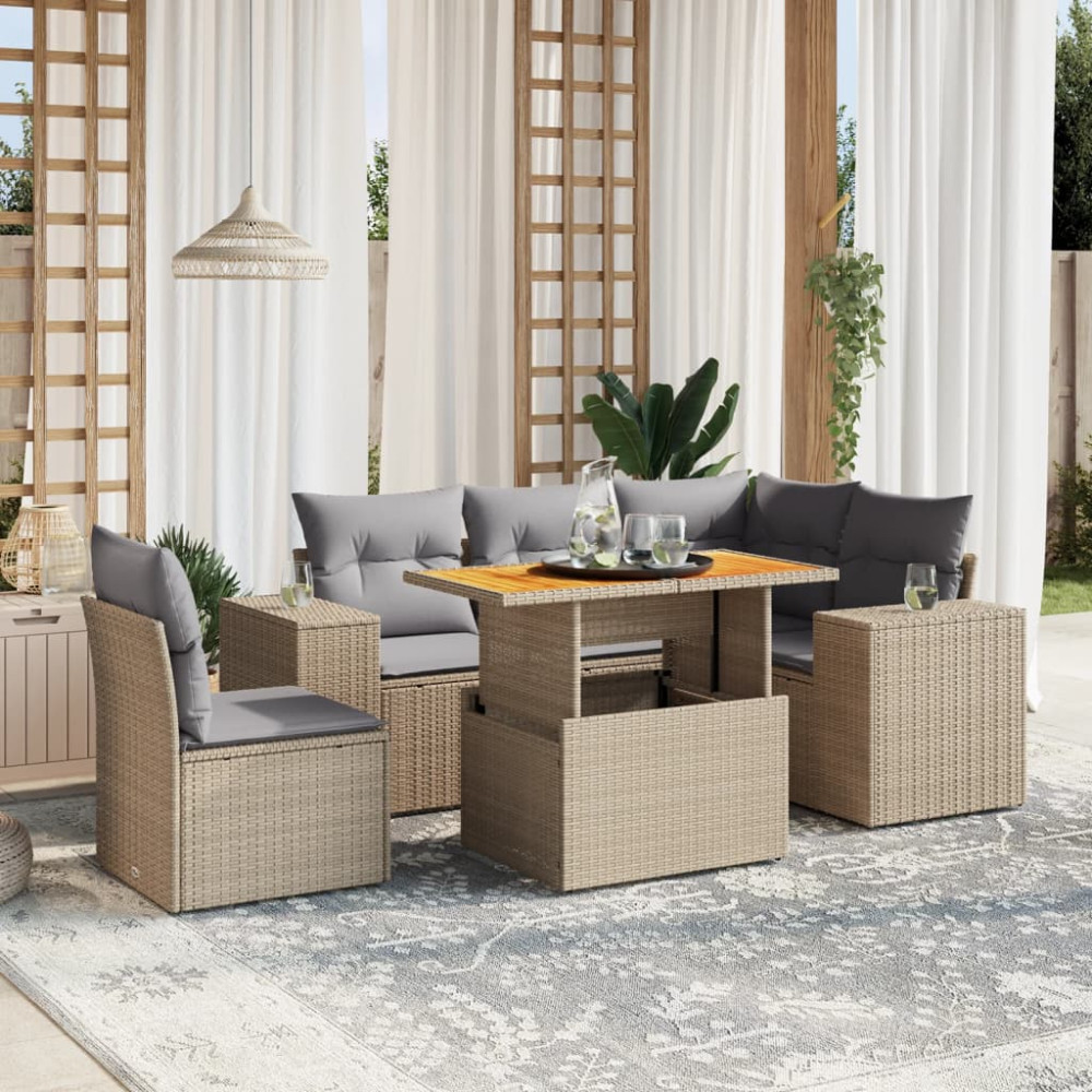 Produktbild för Soffgrupp för trädgården med dynor 6 delar beige konstrotting