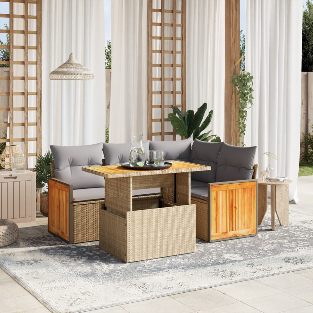 Produktbild för Soffgrupp för trädgården med dynor 5 delar beige konstrotting