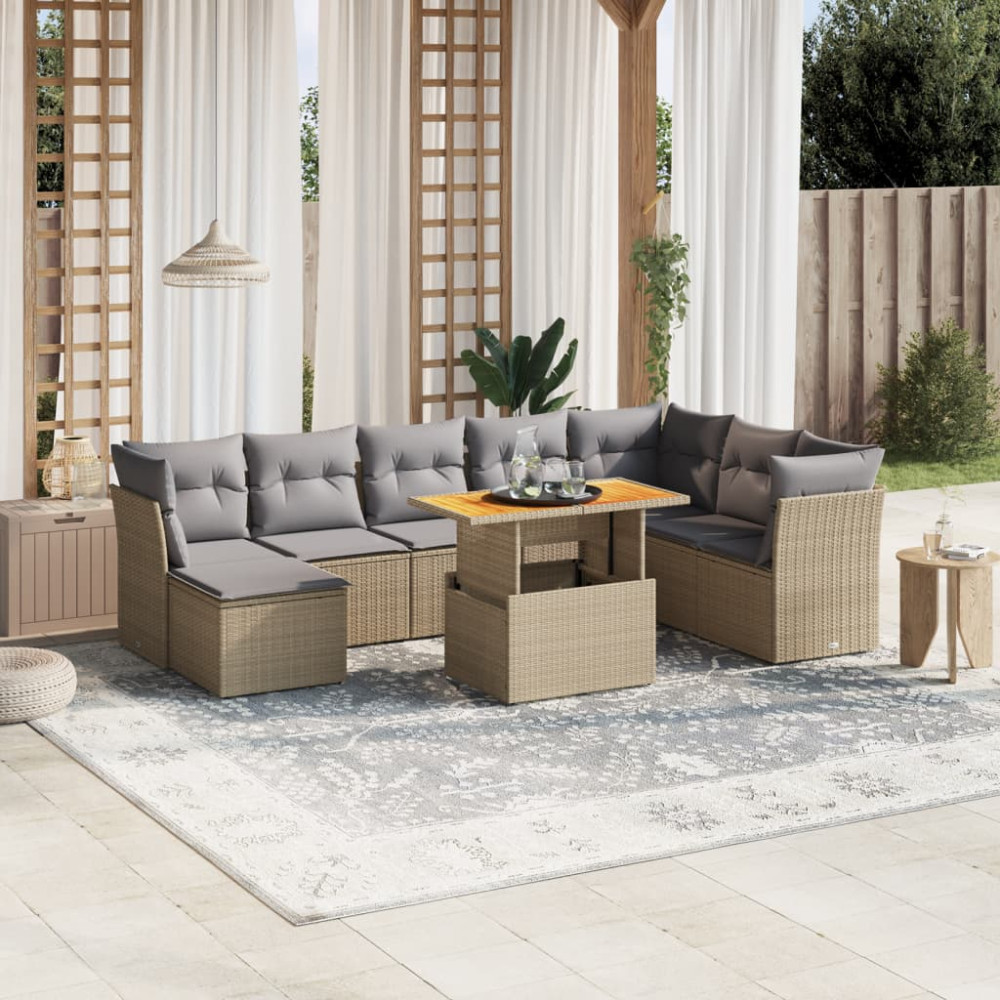 Produktbild för Soffgrupp för trädgården med dynor 9 delar beige konstrotting