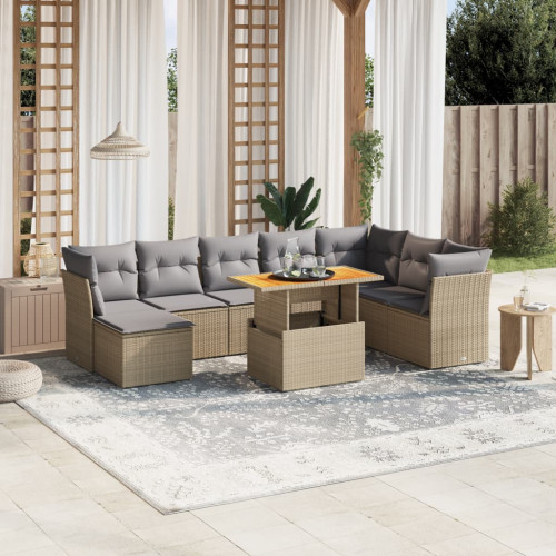 vidaXL Soffgrupp för trädgården med dynor 9 delar beige konstrotting