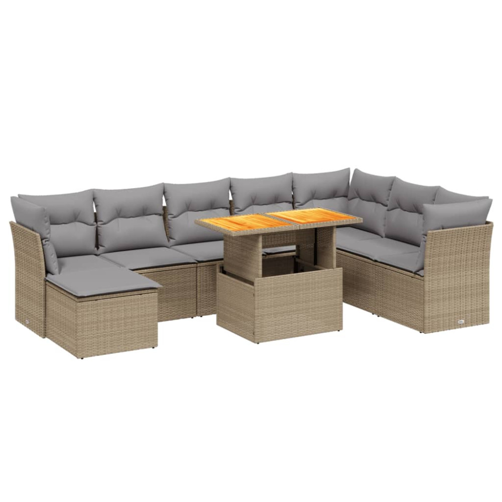 Produktbild för Soffgrupp för trädgården med dynor 9 delar beige konstrotting