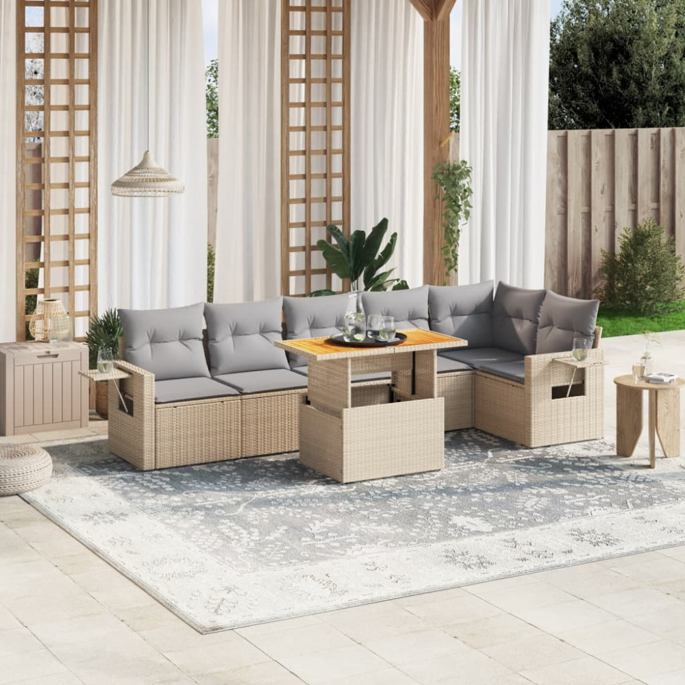 Produktbild för Matgrupp för trädgården med dynor 7 delar beige konstrotting