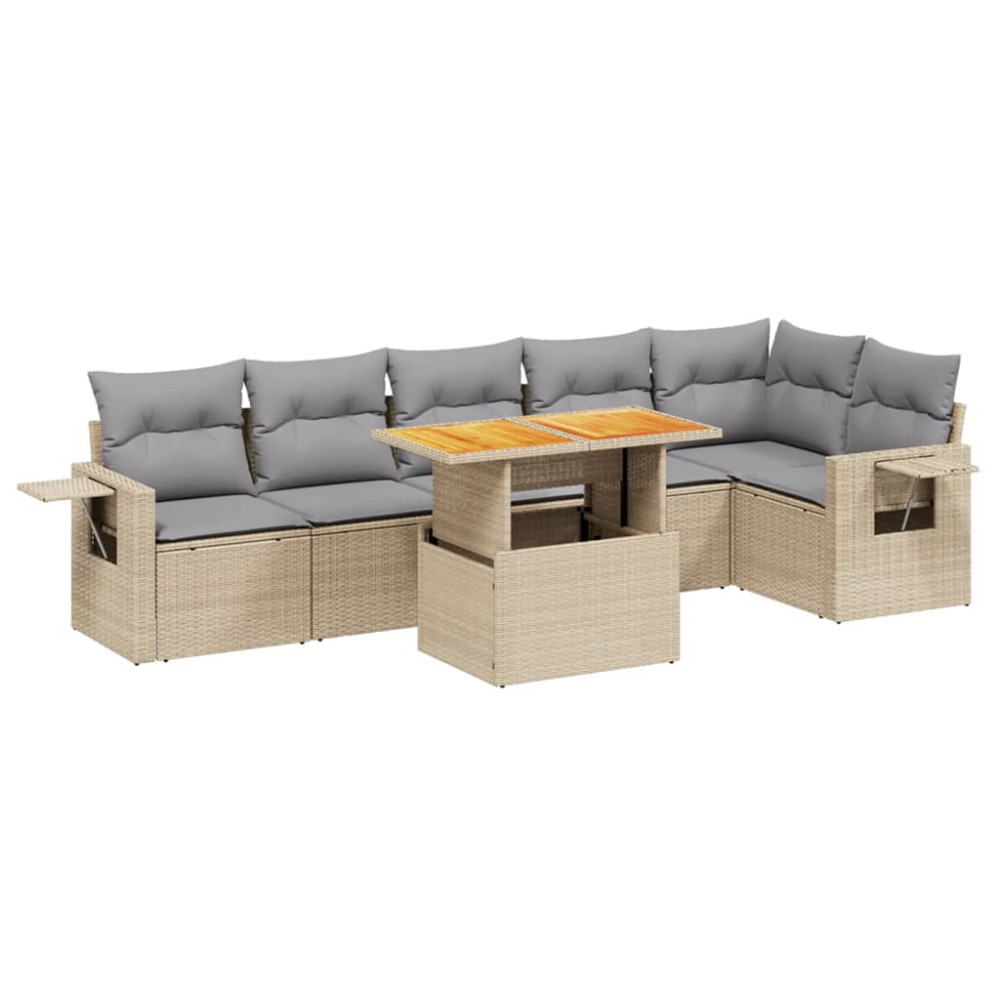 Produktbild för Matgrupp för trädgården med dynor 7 delar beige konstrotting