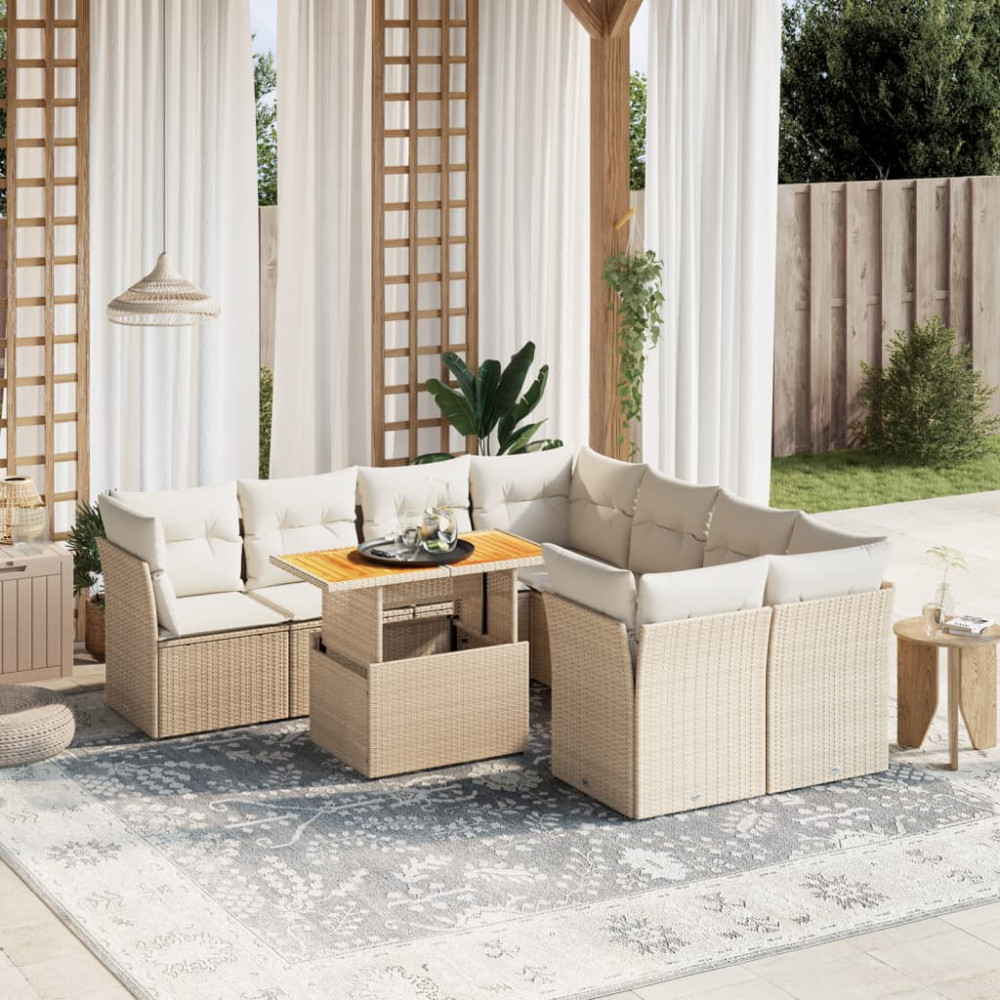 Produktbild för Soffgrupp för trädgården med dynor 9 delar beige konstrotting