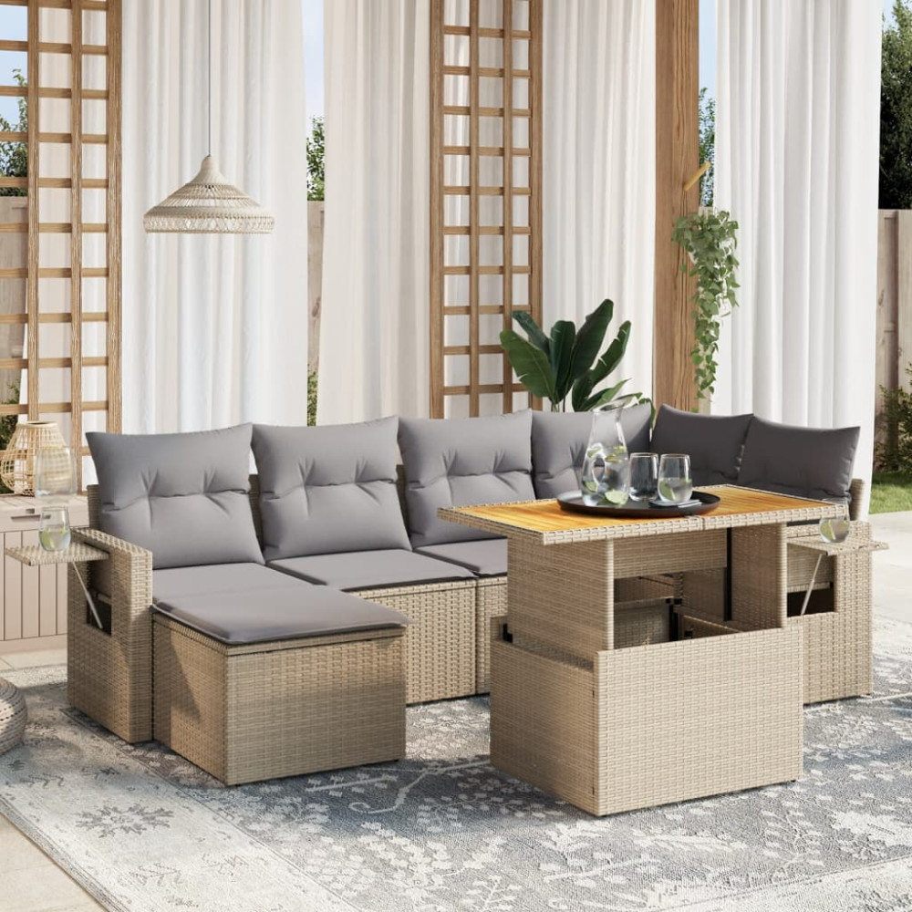 Produktbild för Matgrupp för trädgården med dynor 7 delar beige konstrotting