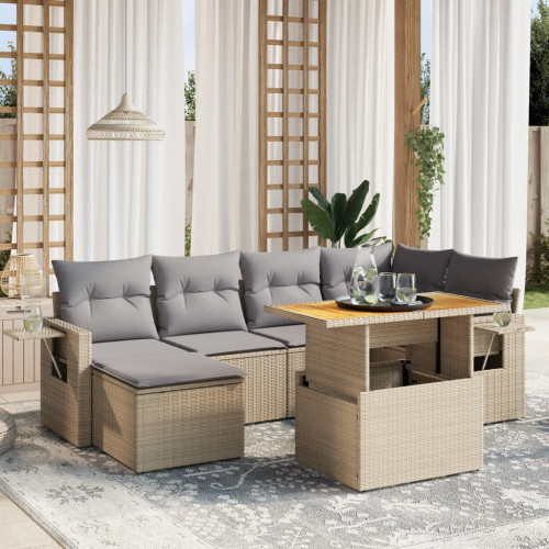 vidaXL Matgrupp för trädgården med dynor 7 delar beige konstrotting
