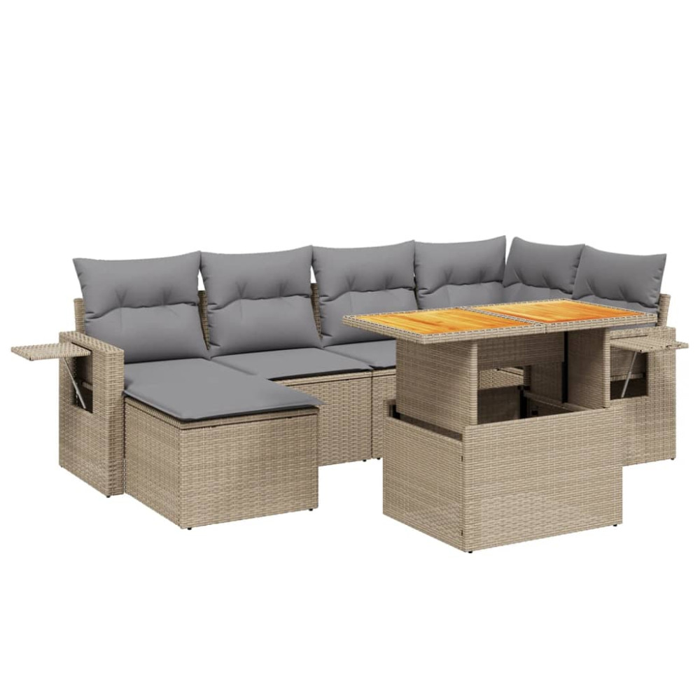 Produktbild för Matgrupp för trädgården med dynor 7 delar beige konstrotting