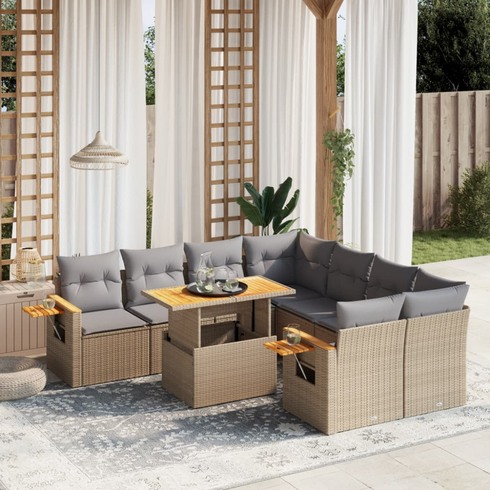 Produktbild för Soffgrupp för trädgården med dynor 9 delar beige konstrotting