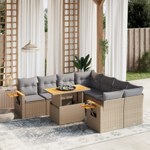 vidaXL Soffgrupp för trädgården med dynor 9 delar beige konstrotting