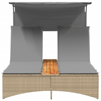 Produktbild för Dubbel solsäng med tak och dynor mixbeige konstrotting