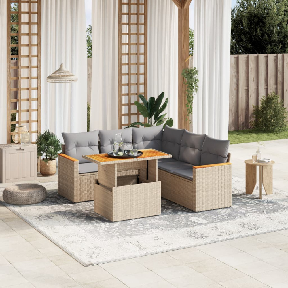 Produktbild för Soffgrupp för trädgården med dynor 6 delar beige konstrotting