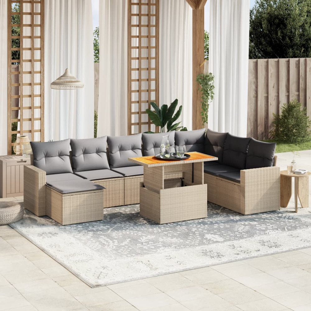 Produktbild för Soffgrupp för trädgården med dynor 9 delar beige konstrotting
