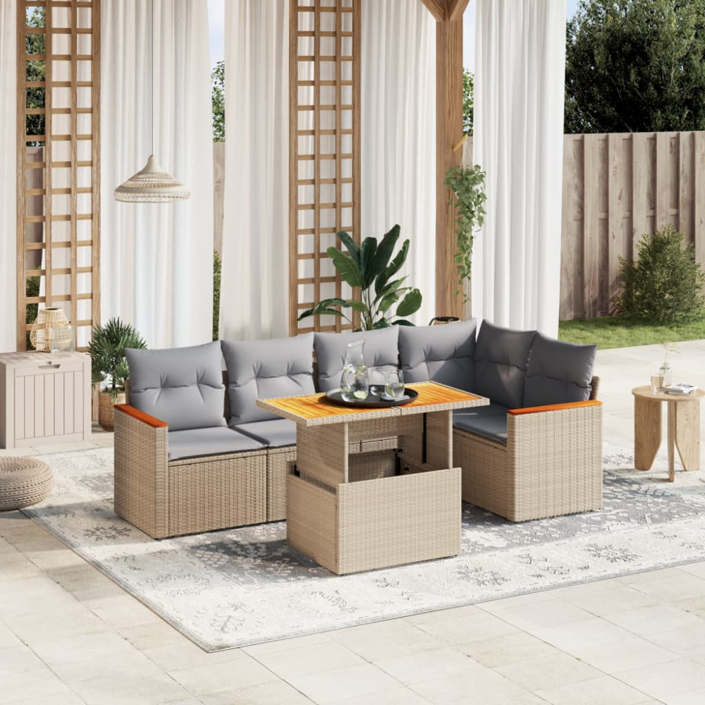 Produktbild för Soffgrupp för trädgården med dynor 6 delar beige konstrotting