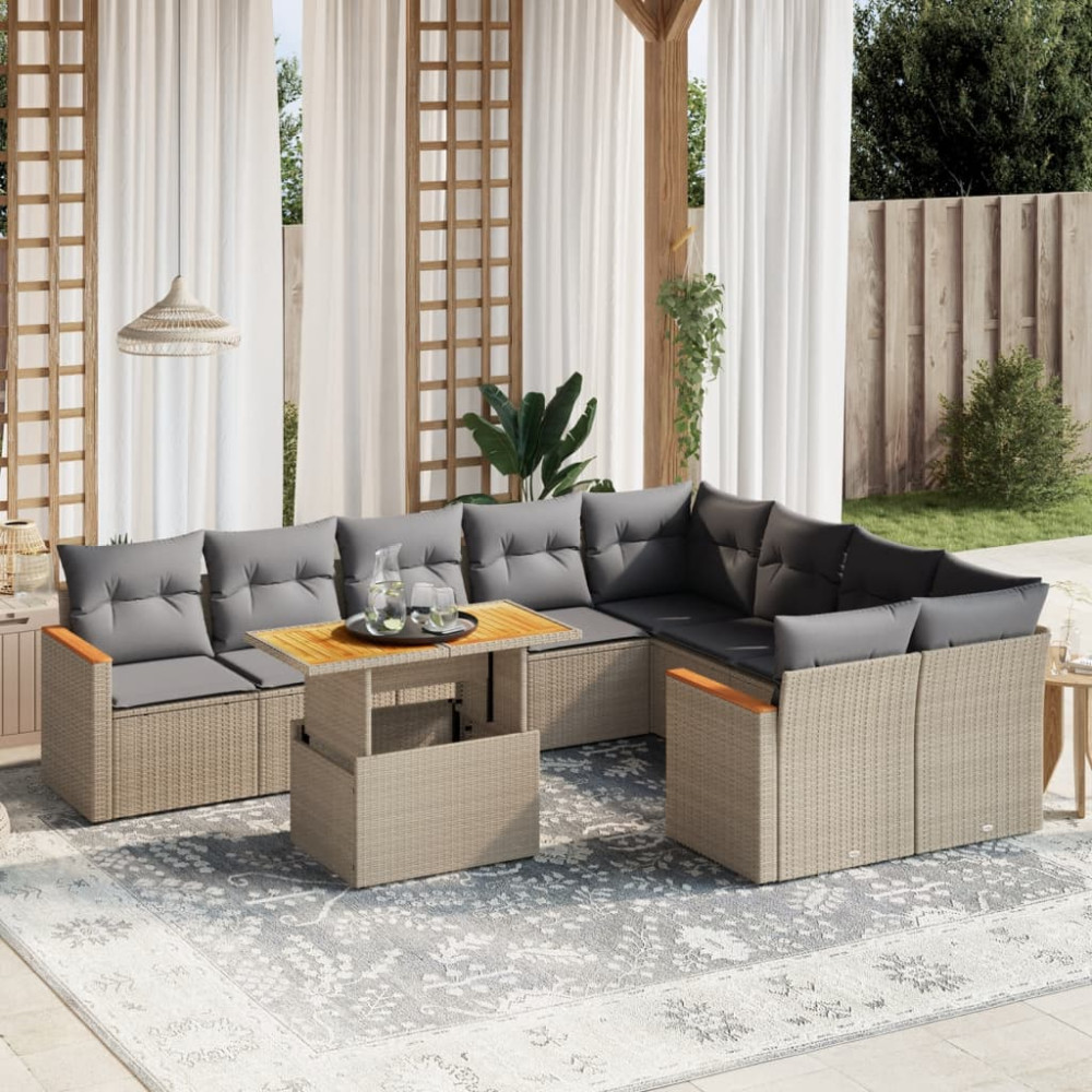 Produktbild för Soffgrupp för trädgård med dynor 10 delar beige konstrotting