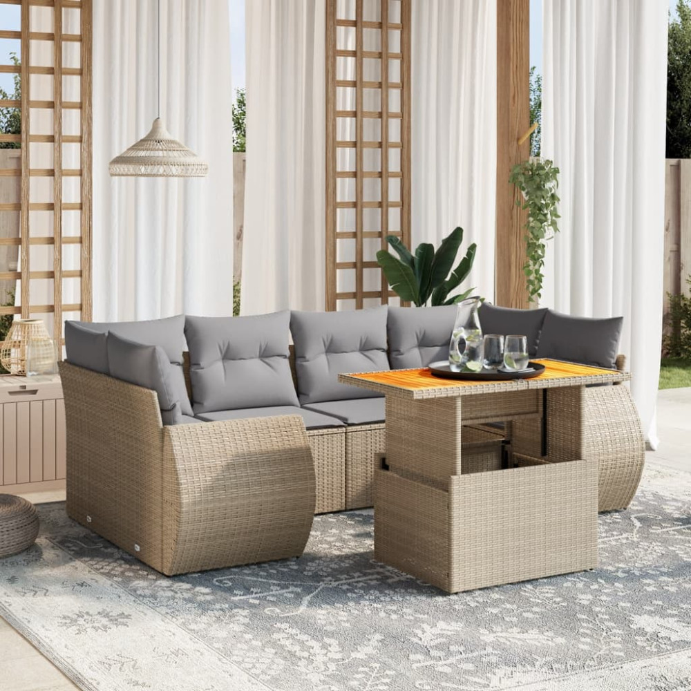 Produktbild för Matgrupp för trädgården med dynor 7 delar beige konstrotting