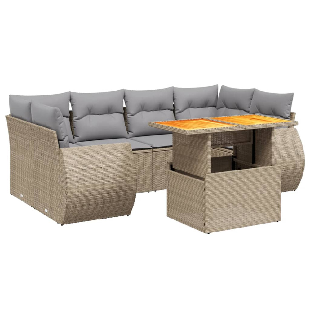 Produktbild för Matgrupp för trädgården med dynor 7 delar beige konstrotting