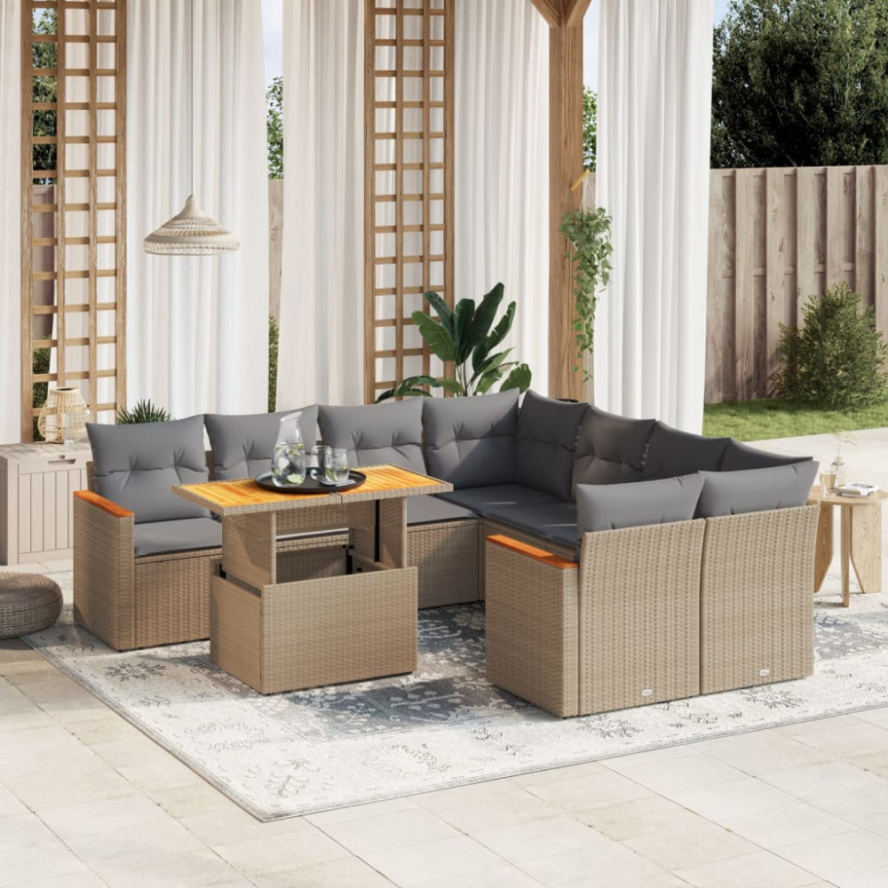 Produktbild för Soffgrupp för trädgården med dynor 9 delar beige konstrotting