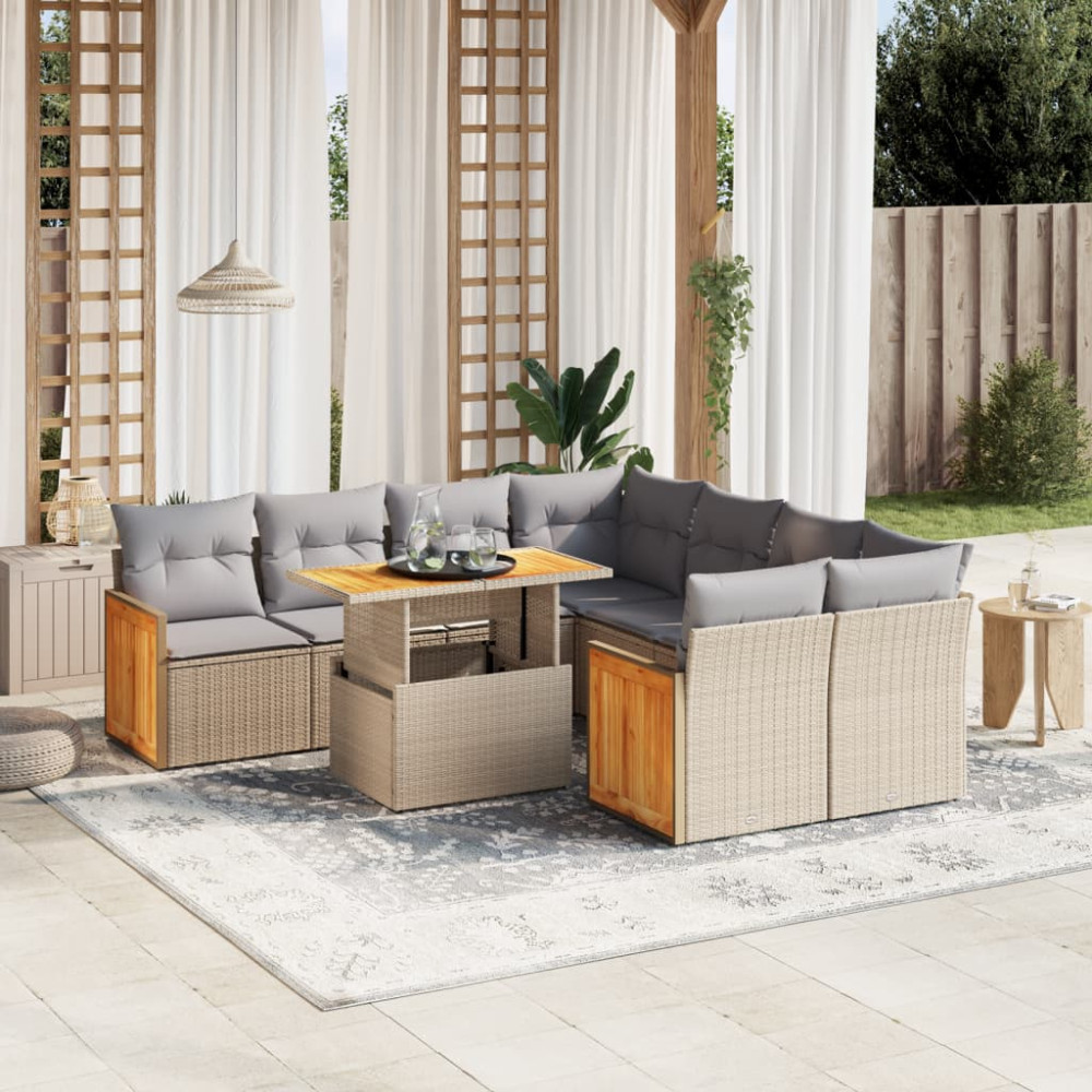 Produktbild för Soffgrupp för trädgården med dynor 9 delar beige konstrotting