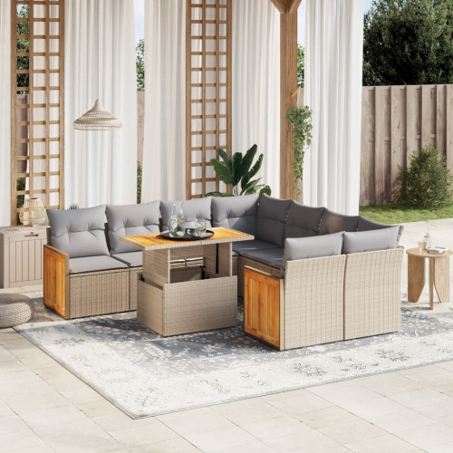 vidaXL Soffgrupp för trädgården med dynor 9 delar beige konstrotting