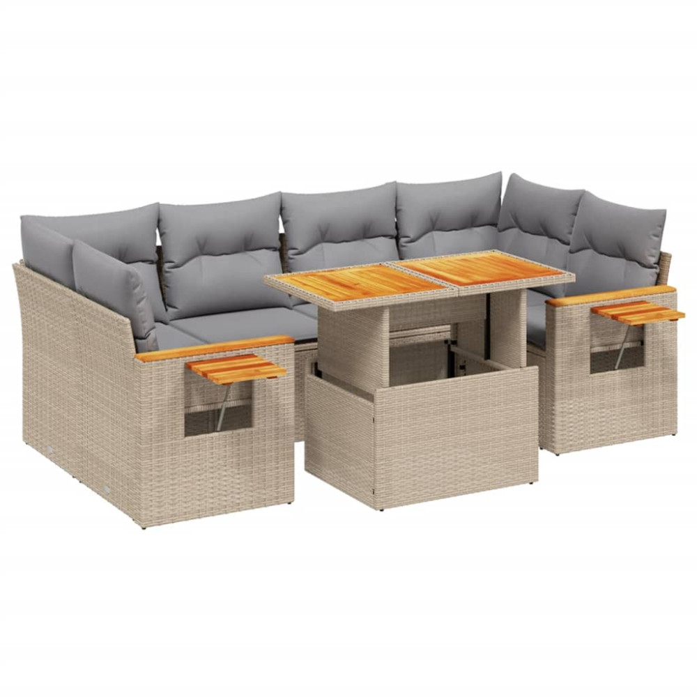 Produktbild för Matgrupp för trädgården med dynor 7 delar beige konstrotting