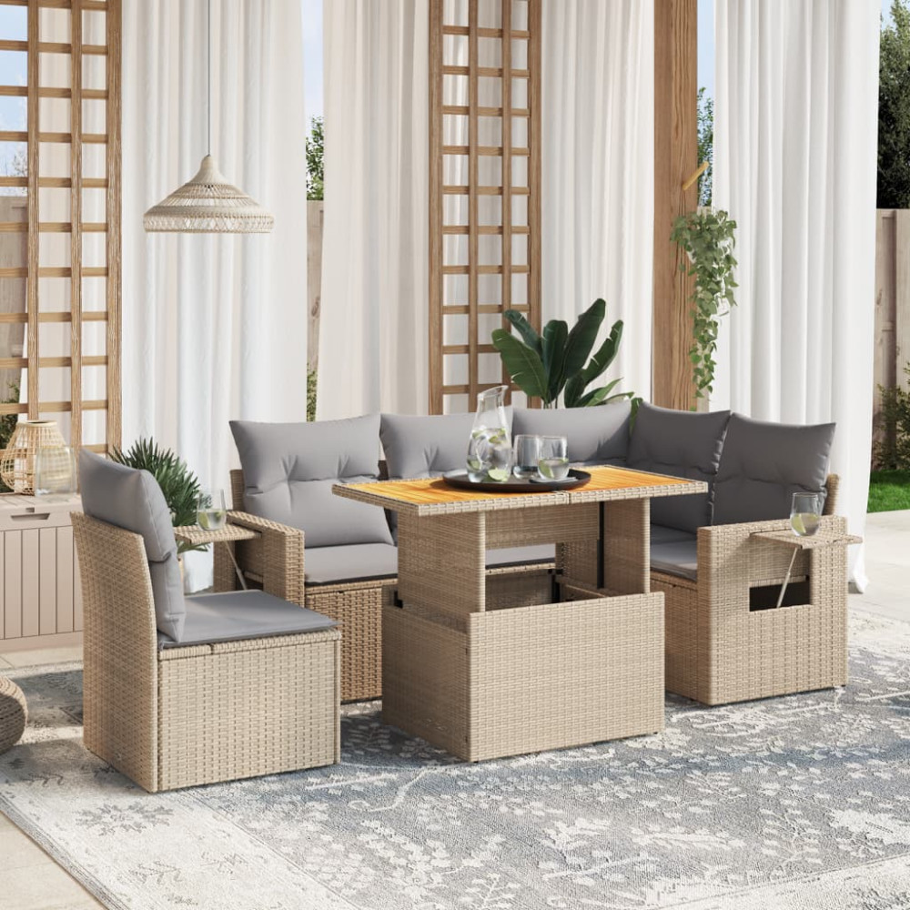 Produktbild för Soffgrupp för trädgården med dynor 6 delar beige konstrotting