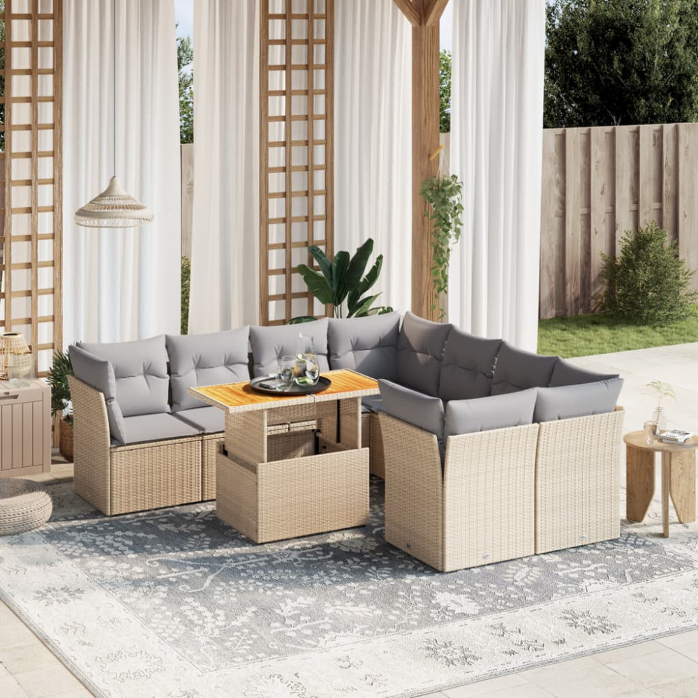 Produktbild för Soffgrupp för trädgården med dynor 9 delar beige konstrotting