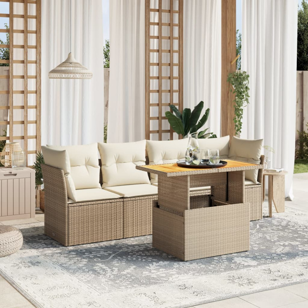 Produktbild för Soffgrupp för trädgården med dynor 5 delar beige konstrotting