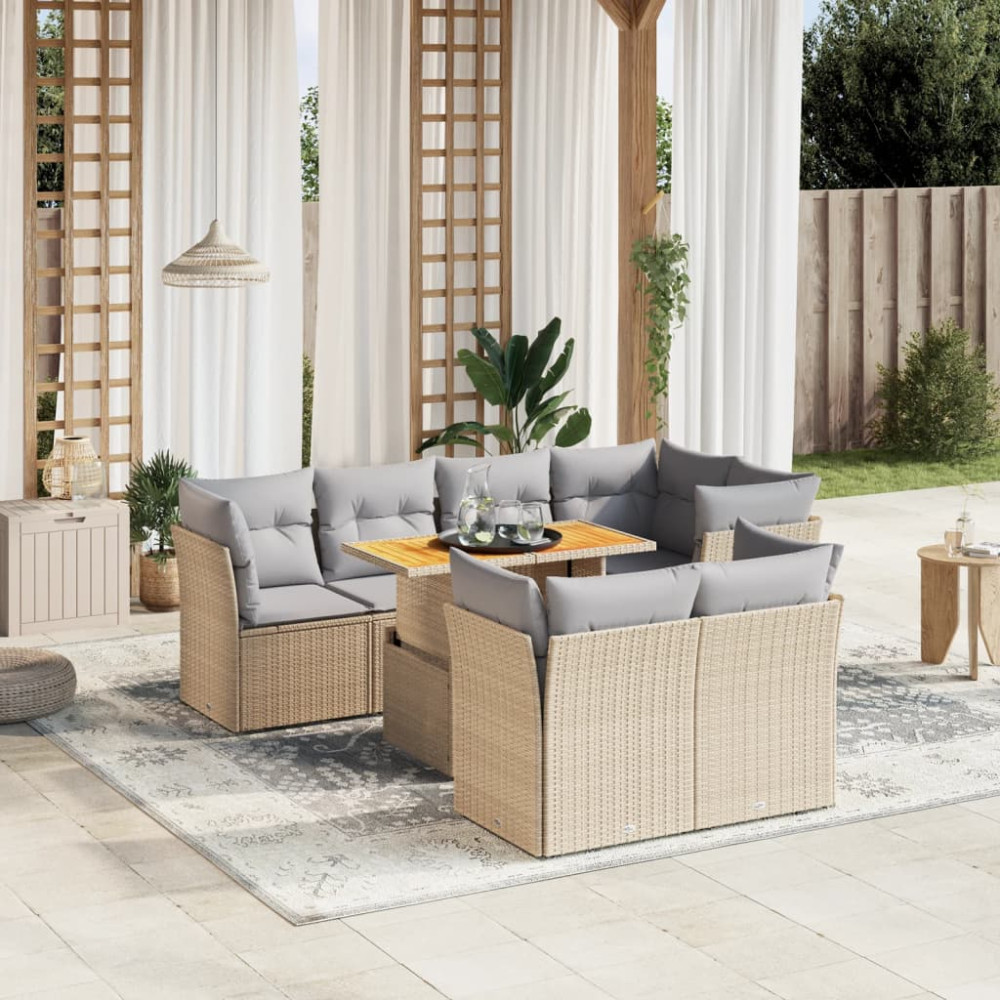 Produktbild för Matgrupp för trädgården med dynor 8 delar beige konstrotting