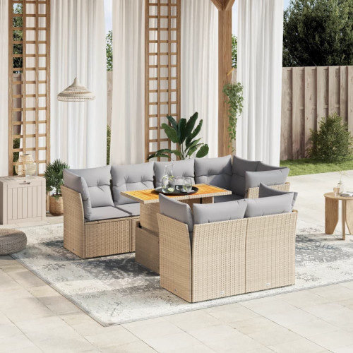 vidaXL Matgrupp för trädgården med dynor 8 delar beige konstrotting