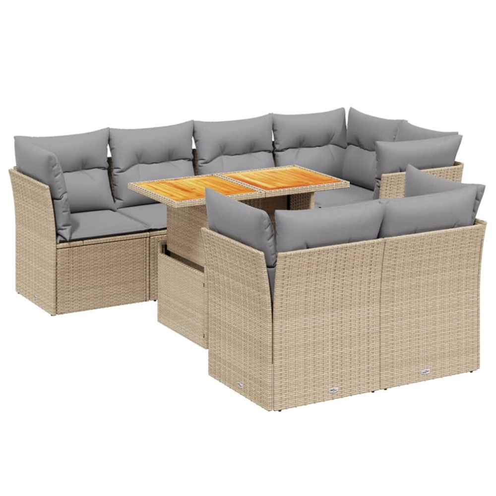 Produktbild för Matgrupp för trädgården med dynor 8 delar beige konstrotting