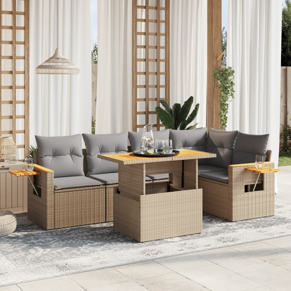 Produktbild för Soffgrupp för trädgården med dynor 6 delar beige konstrotting