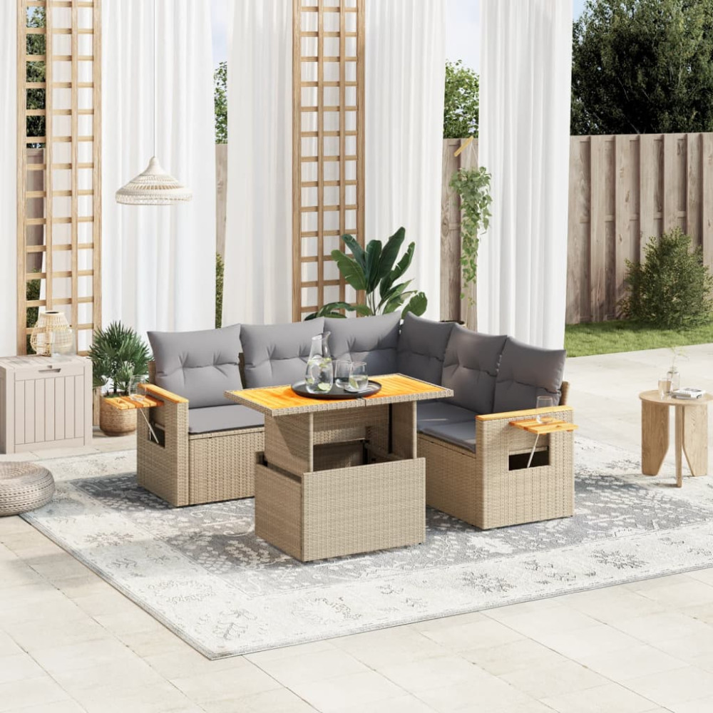 Produktbild för Soffgrupp för trädgården med dynor 6 delar beige konstrotting