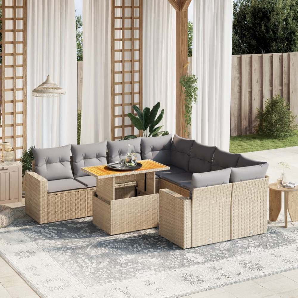 Produktbild för Soffgrupp för trädgården med dynor 9 delar beige konstrotting