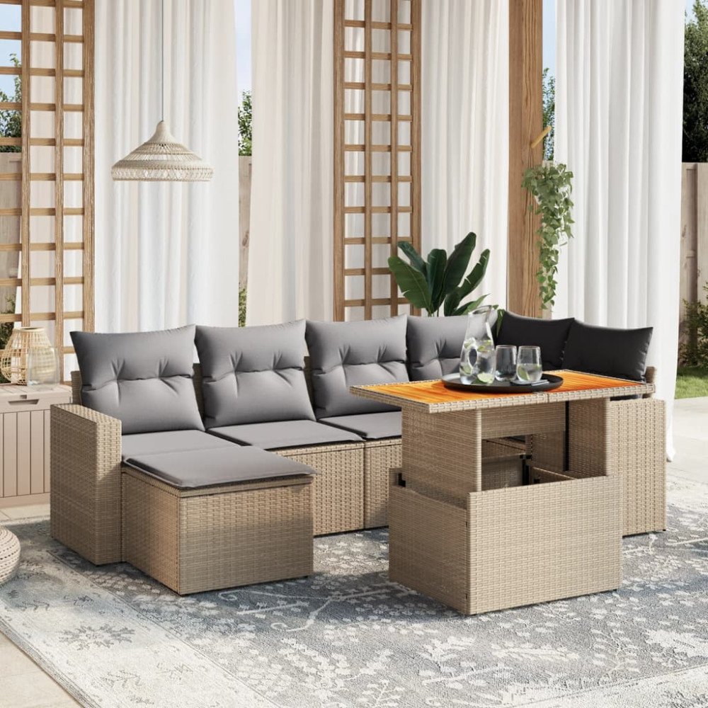 Produktbild för Matgrupp för trädgården med dynor 7 delar beige konstrotting