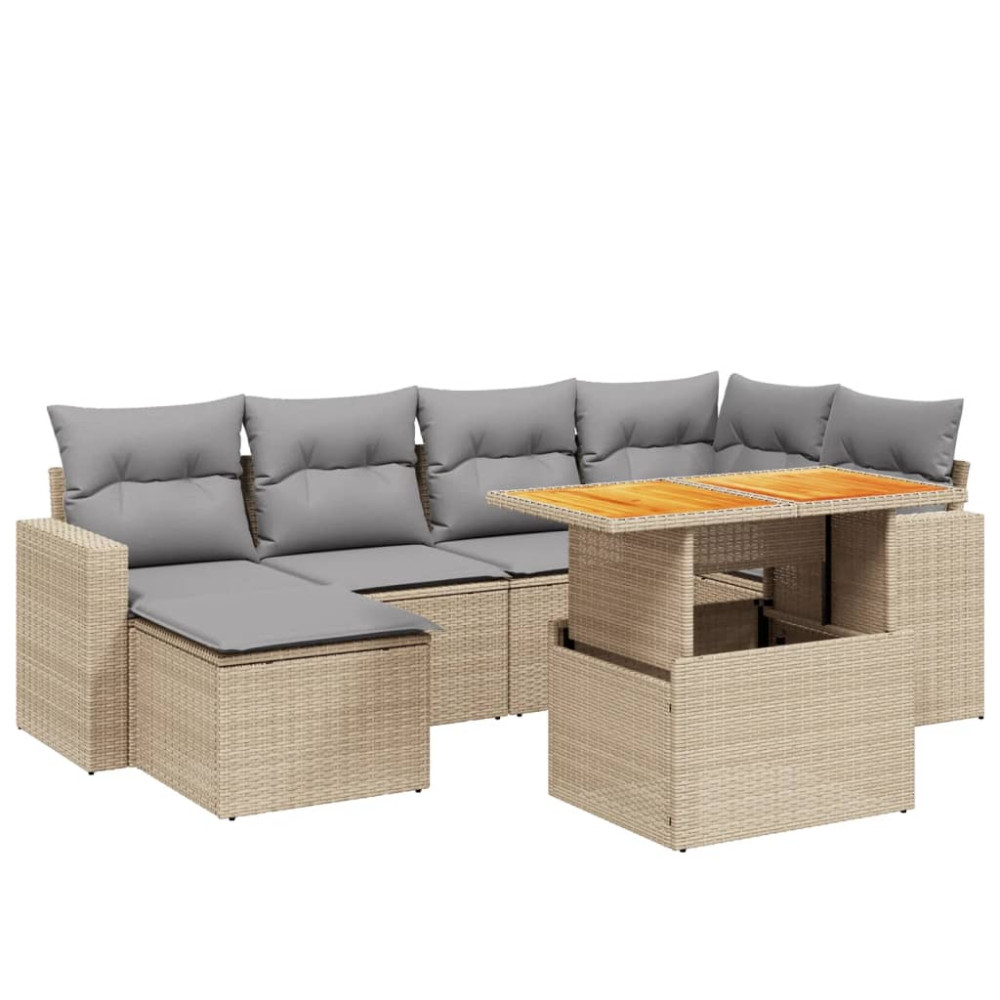 Produktbild för Matgrupp för trädgården med dynor 7 delar beige konstrotting