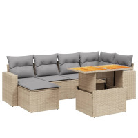 Produktbild för Matgrupp för trädgården med dynor 7 delar beige konstrotting