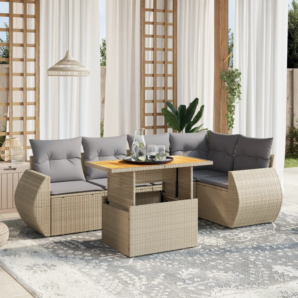 Produktbild för Soffgrupp för trädgården med dynor 6 delar beige konstrotting
