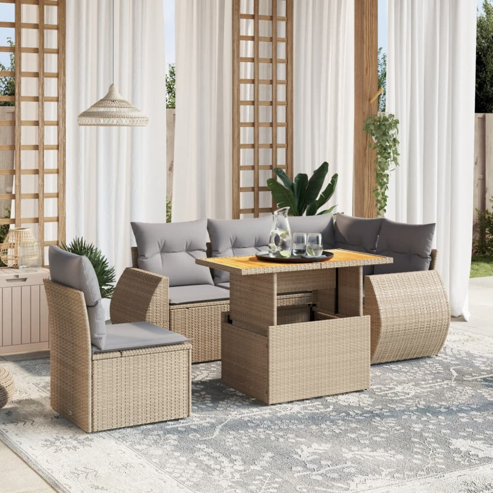 Produktbild för Soffgrupp för trädgården med dynor 6 delar beige konstrotting