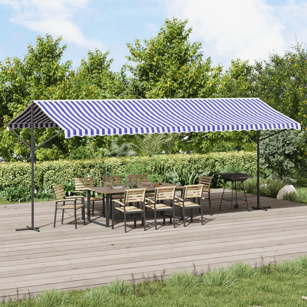 Produktbild för Fristående markis blå och vit 600x300 cm tyg och stål