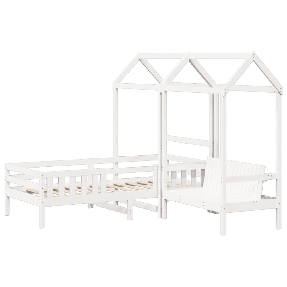 Produktbild för Sängram med bänk och tak vit 80x200 cm massiv furu