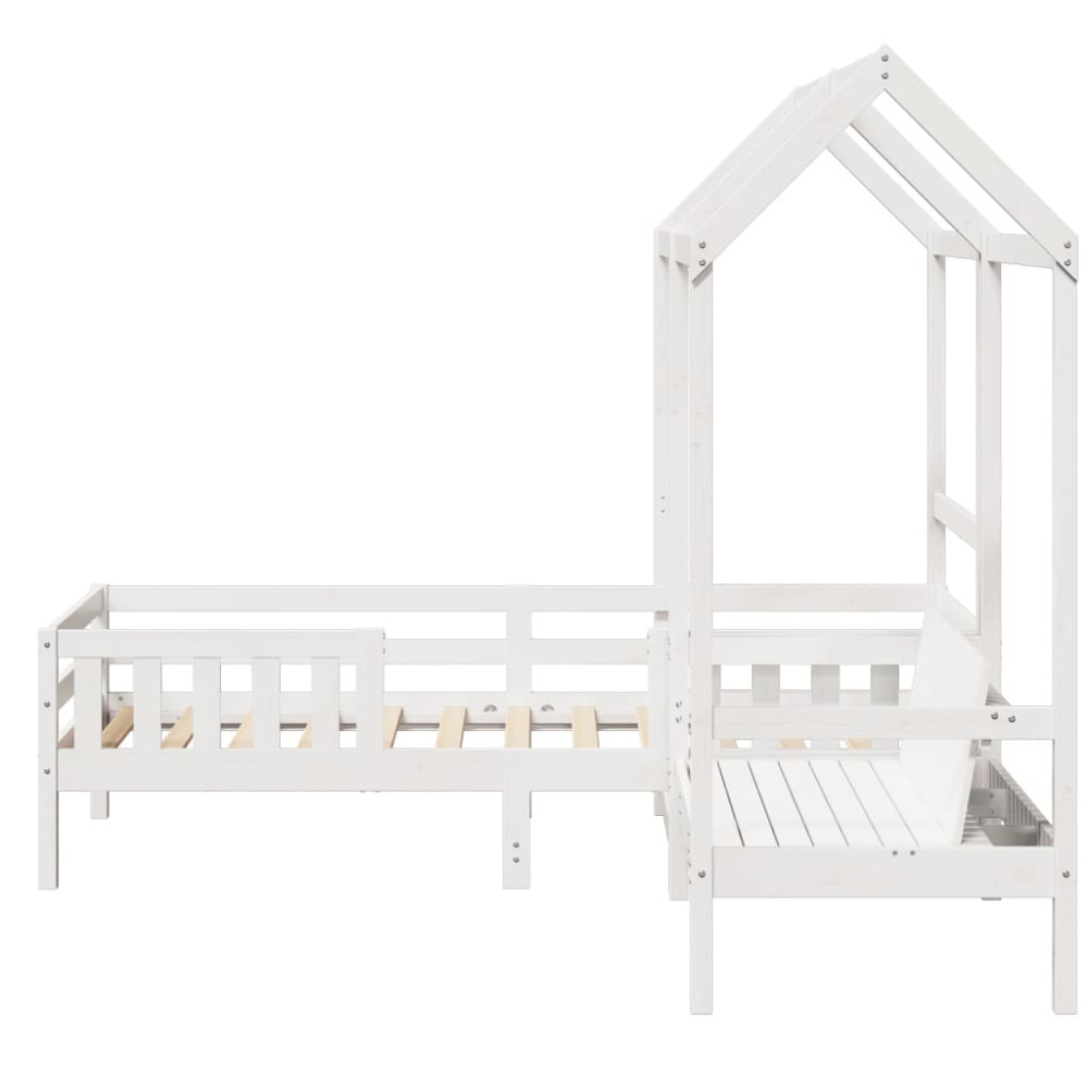 Produktbild för Sängram med bänk och tak vit 80x200 cm massiv furu