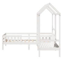 Produktbild för Sängram med bänk och tak vit 80x200 cm massiv furu