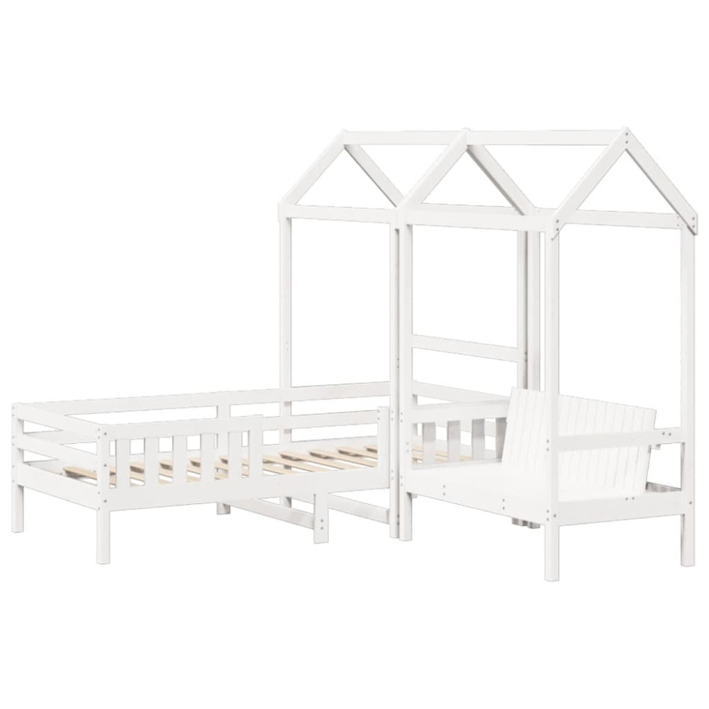 Produktbild för Sängram med bänk och tak vit 75x190 cm massiv furu