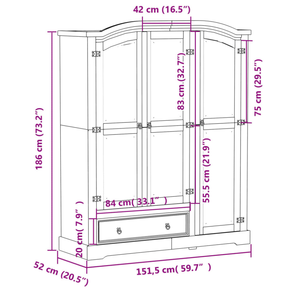 Produktbild för Garderob Corona 151,5x52x186 cm massiv furu