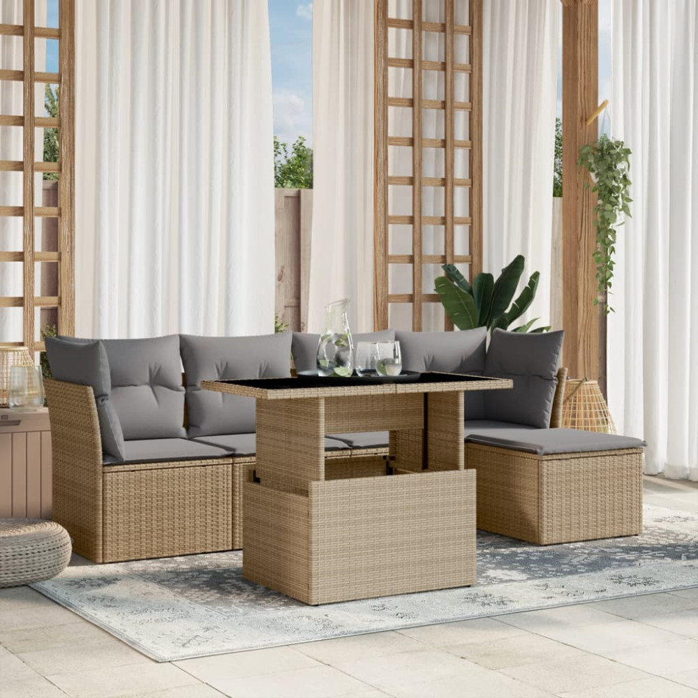 Produktbild för Soffgrupp för trädgården med dynor 6 delar beige konstrotting
