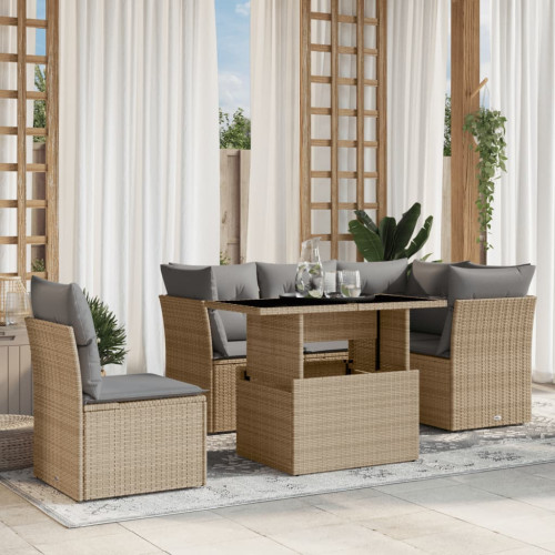 vidaXL Soffgrupp för trädgården med dynor 6 delar beige konstrotting