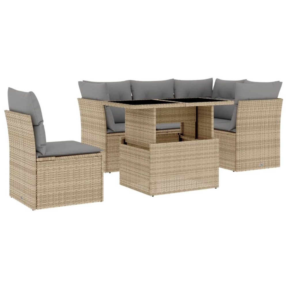 Produktbild för Soffgrupp för trädgården med dynor 6 delar beige konstrotting