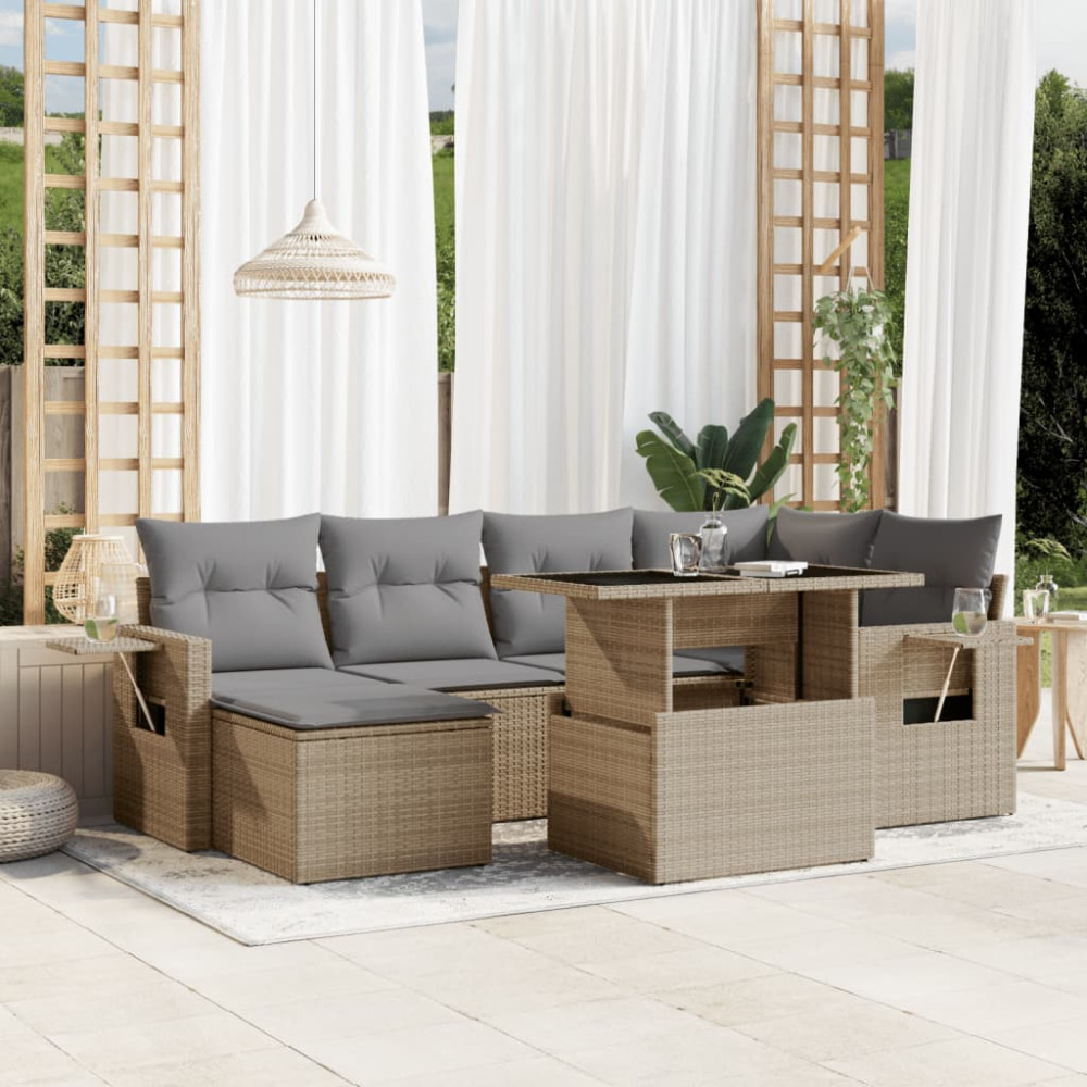 Produktbild för Matgrupp för trädgården med dynor 7 delar beige konstrotting