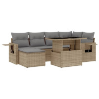 Produktbild för Matgrupp för trädgården med dynor 7 delar beige konstrotting